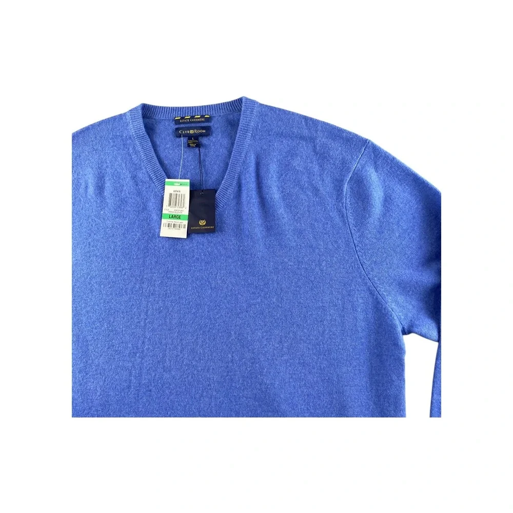 NWT Club Room Estate‎ Cashmere V Neck Sweater Men's Large Blue Pullover